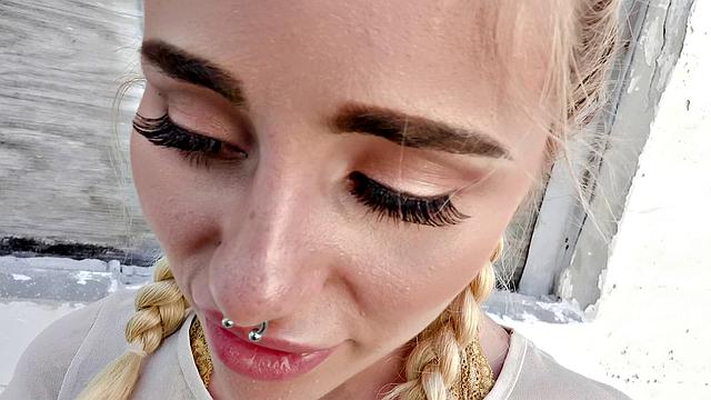 Naughty Blonde in Glasses Bangs in Public with G-string, Pigtails, and Piercing