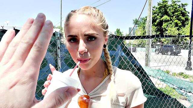 Naughty Blonde in Glasses Bangs in Public with G-string, Pigtails, and Piercing