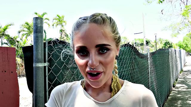 Naughty Blonde in Glasses Bangs in Public with G-string, Pigtails, and Piercing