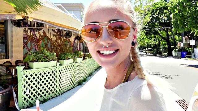 Naughty Blonde in Glasses Bangs in Public with G-string, Pigtails, and Piercing