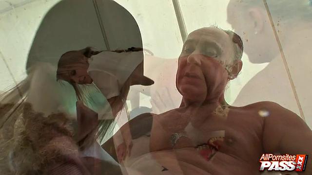 Coed fucked in a barn