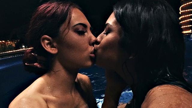 Latina lesbians enjoy fingering and licking each other's wet pussies in the pool