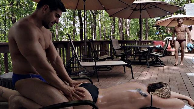 Bisex babe 3way fucked outdoors after massage by the pool