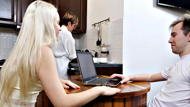 Stepbro drills blonde teen in the kitchen while she blows and rides him like a pro