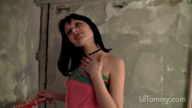 Watch Lil Tammy strip down and get naughty with her tight bald pussy in long socks