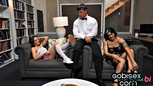 Petite babe bouncing in bi 3some