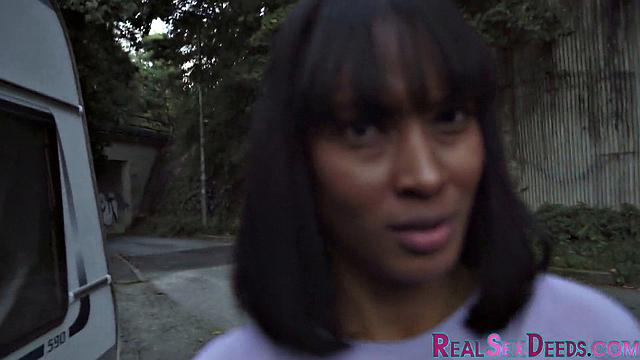 Ebony babe fooled and pounded by stranger