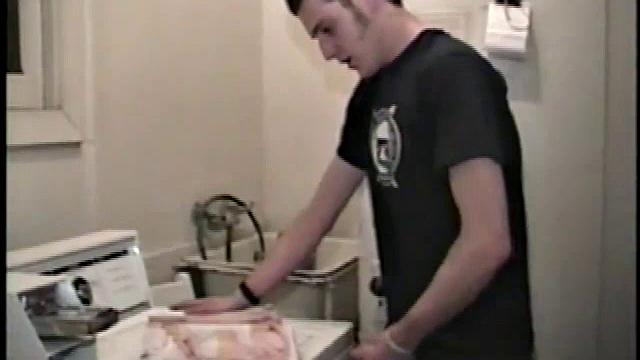 This scene effectively creates the illusion of sneaking up on a dude jacking off. Donatello spreads his porn magazine on the washer and gets down to business.