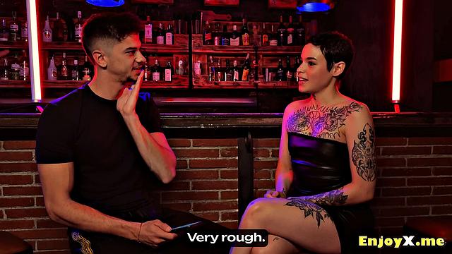 Saba, a shy submissive, enjoys rough orgy with strangers in BDSM.