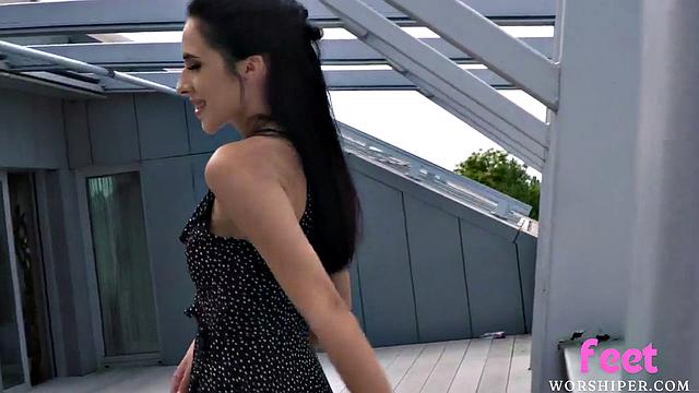 Anal-loving busty cutie gives footjob