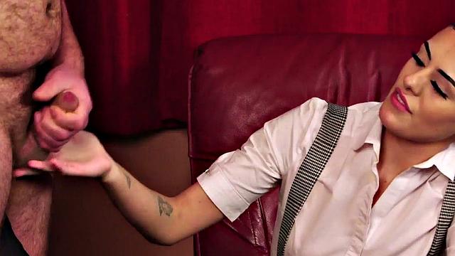 SPH amateur CFNM femdom babe jerks small cock of guy