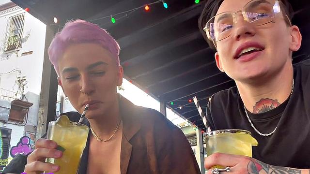 Homemakers share their love for each other in a hot lesbian bar-style session