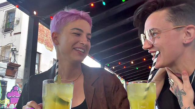 Homemakers share their love for each other in a hot lesbian bar-style session