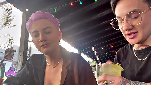 Homemakers share their love for each other in a hot lesbian bar-style session