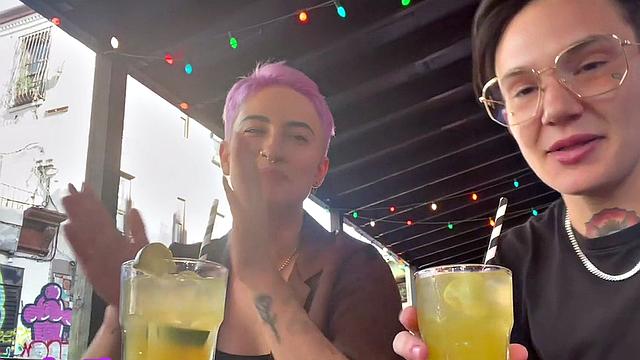 Homemakers share their love for each other in a hot lesbian bar-style session