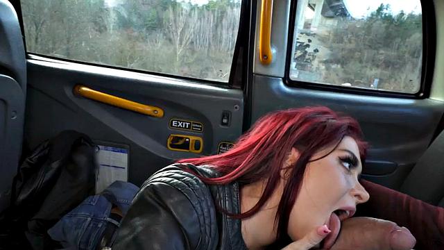 Deepthroating taxi babe in public cab outdoor