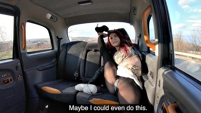 Deepthroating taxi babe in public cab outdoor