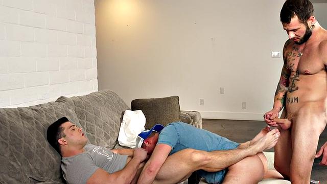 Foot Fetish Bottom Barebacked in Threesome Till Cum on Feet