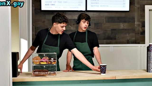 Athletic gay man barebacks twink in public on his work