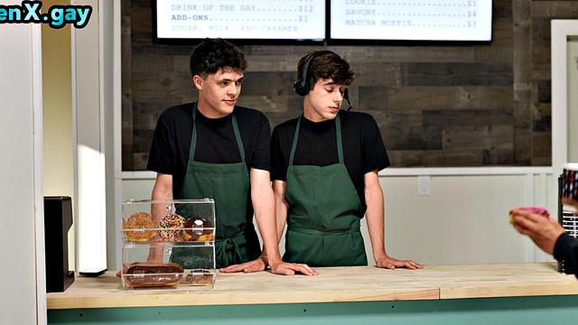 Athletic gay man barebacks twink in public on his work