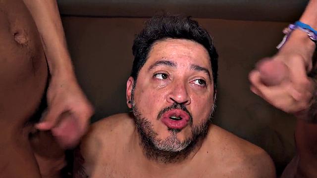 Fat gaydaddy toyed in Latin 3some by dominant twinks