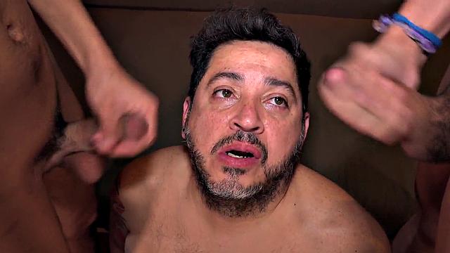 Fat gaydaddy toyed in Latin 3some by dominant twinks