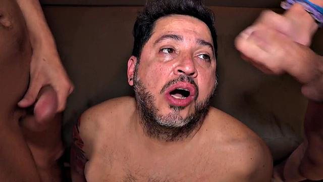 Fat gaydaddy toyed in Latin 3some by dominant twinks