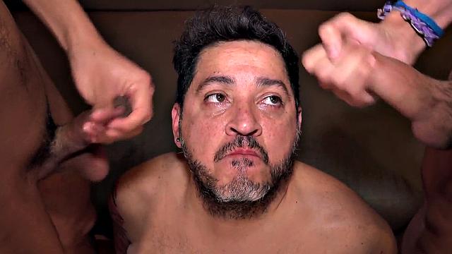 Fat gaydaddy toyed in Latin 3some by dominant twinks