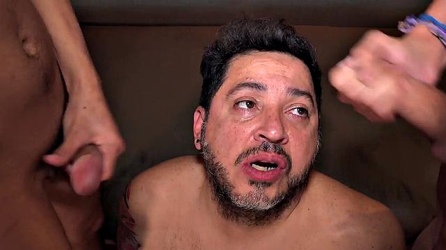 Fat gaydaddy toyed in Latin 3some by dominant twinks