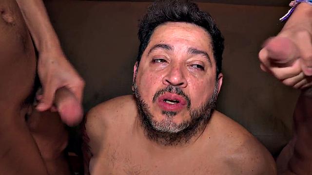 Fat gaydaddy toyed in Latin 3some by dominant twinks