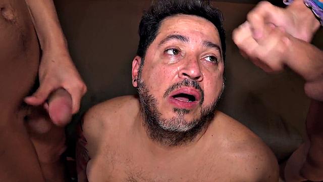 Fat gaydaddy toyed in Latin 3some by dominant twinks