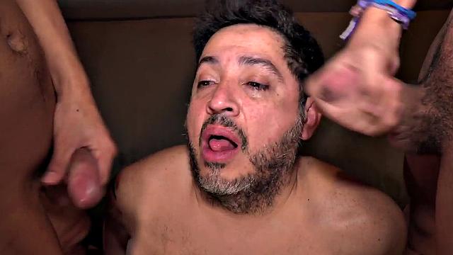 Fat gaydaddy toyed in Latin 3some by dominant twinks