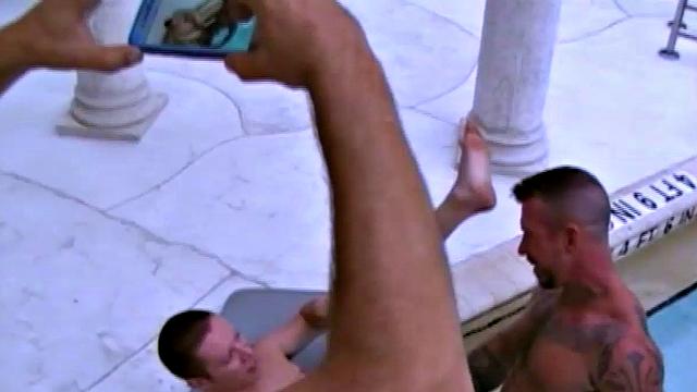 In this pool-side behind the scenes, Victor Cody films Ray Dalton barebacking Colton Suede at Club Fort Lauderdale