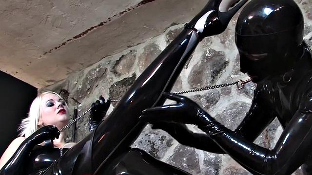 Latex femdom teasing foot fetish wanker in BDSM tutorial