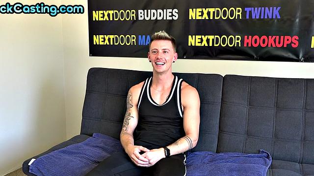 Real tattooed jock jerks on his first casting and cums