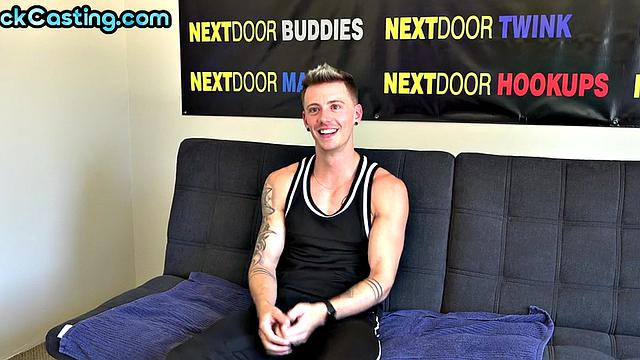 Real tattooed jock jerks on his first casting and cums