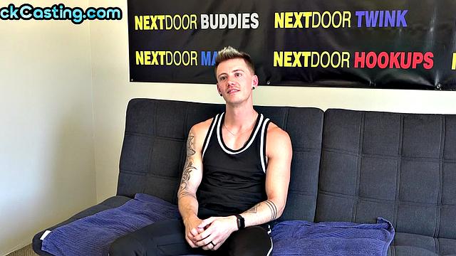 Real tattooed jock jerks on his first casting and cums