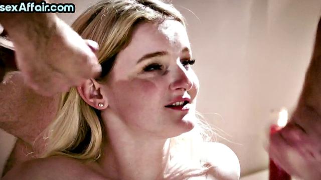 Bisex babe pussyfucked in 3some till cum in mouth