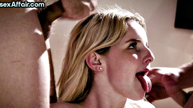 Bisex babe pussyfucked in 3some till cum in mouth