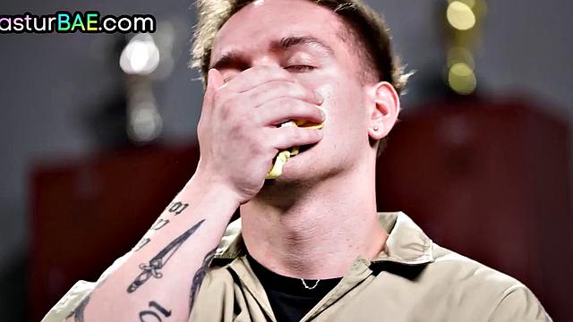 Stunning inked babe caught masturbating, fucks janitor