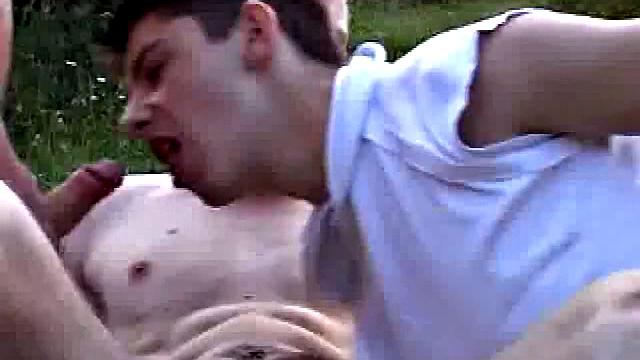Cocksucking twink doggystyled outside