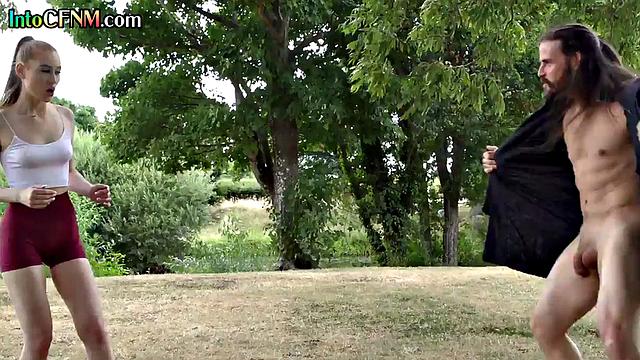 Gorgeous CFNM babes wanking guy outdoors