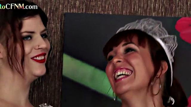 CFNM maids giving handjob to house owner uniform