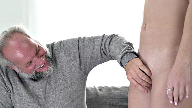 Blindfolded grandpa teased by 21yo before cocksucking