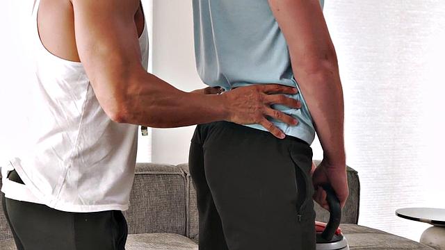 Muscular hunk takes a hard pounding after intense gym training in a t-shirt and a cap