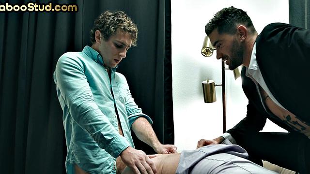 Gay stepdaddy gets banged in office 3way by stepson