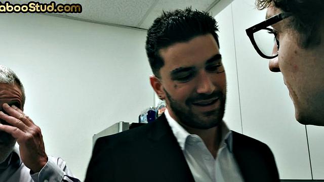 Gay stepdaddy gets banged in office 3way by stepson