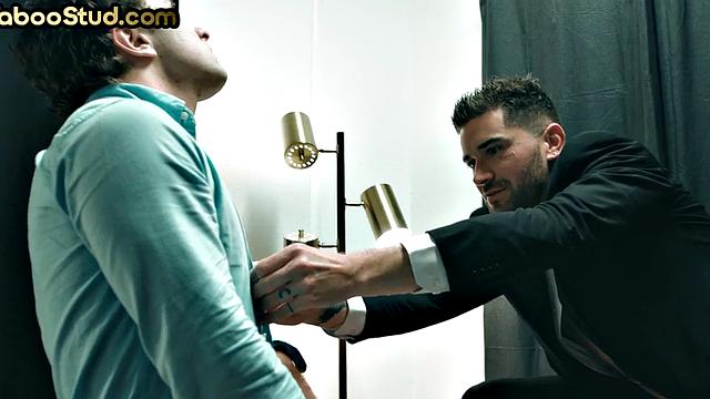 Gay stepdaddy gets banged in office 3way by stepson