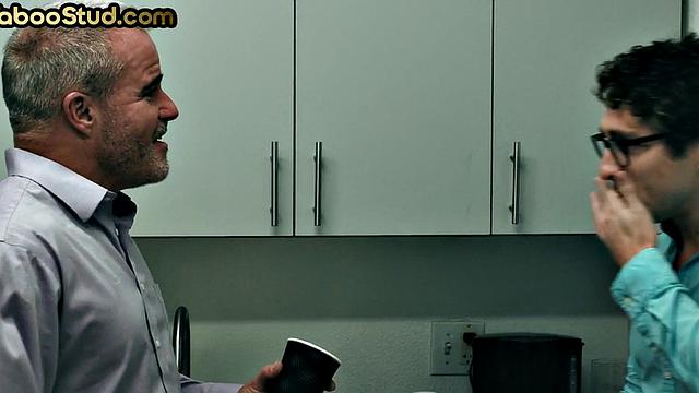 Gay stepdaddy gets banged in office 3way by stepson