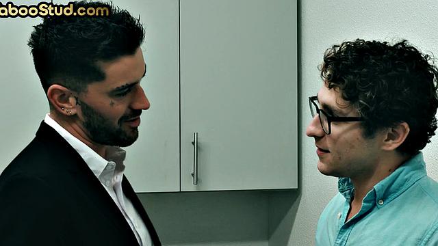 Gay stepdaddy gets banged in office 3way by stepson